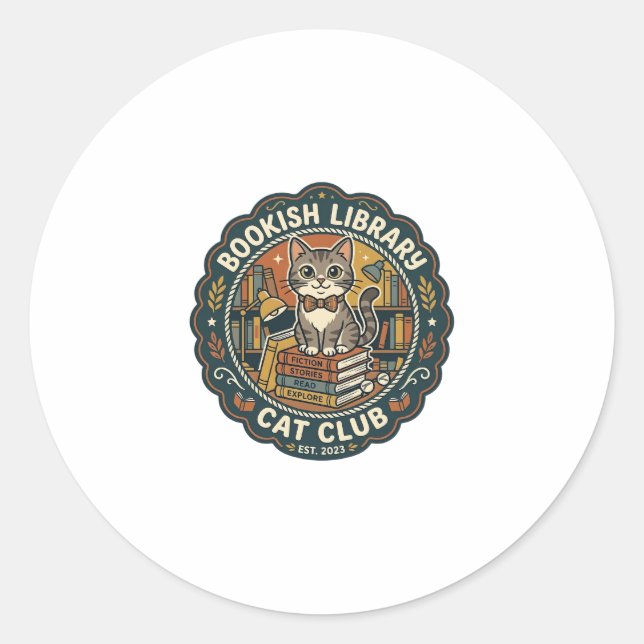 Bookish Library Cat POD Vector Art - Bookish Libra Classic Round Sticker (Front)