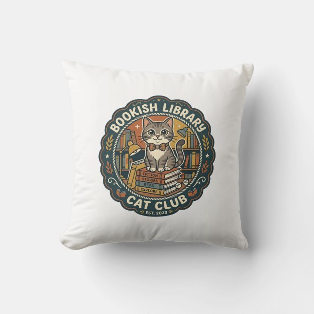 Bookish Library Cat POD Vector Art - Bookish Libra Throw Pillow (Front)