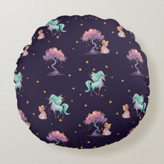 Bookish Magic Unicorn & Storytime Girl Round Pillo Round Pillow