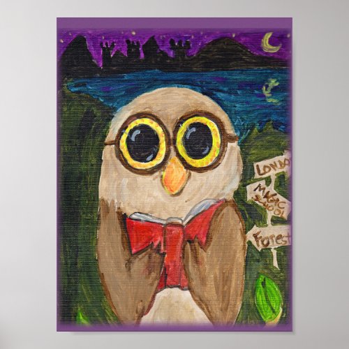 Bookish Owl Folk Art Painting Reading Fun Poster