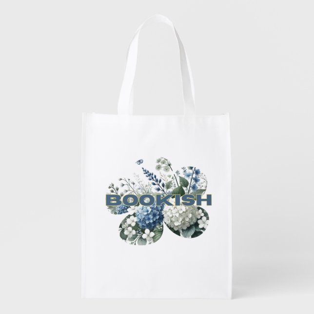 Bookish Style Floral Blue Foliage Grocery Bag (Front)