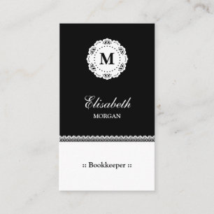 Bookkeeper Black White Lace Monogram Business Card