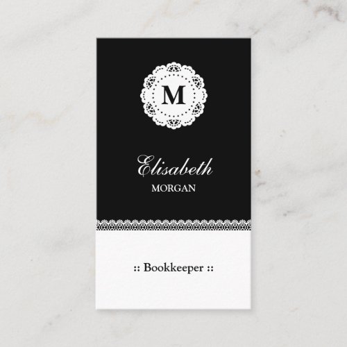 Bookkeeper Black White Lace Monogram Business Card Templates