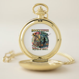 Bookkeeper Day Witch Night Halloween Owl Books Pum Pocket Watch