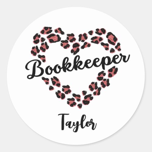 Bookkeeper Leopard Heart Frame White Classic Round Sticker