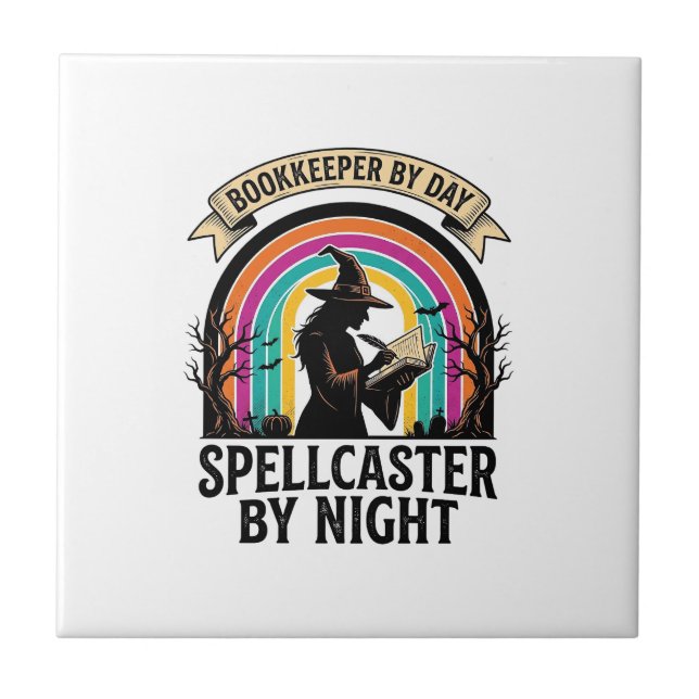 Bookkeeper Witch Retro Halloween Accounting Design Ceramic Tile (Front)