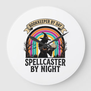 Bookkeeper Witch Retro Halloween Accounting Design Large Clock