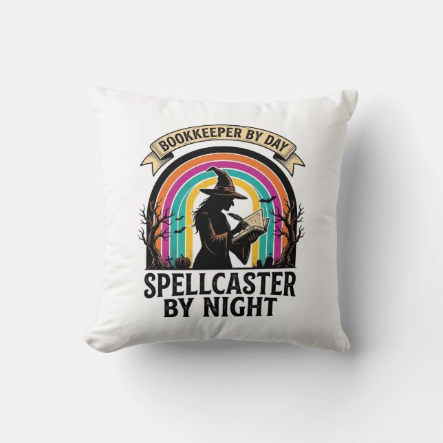Bookkeeper Witch Retro Halloween Accounting Design Throw Pillow (Front)