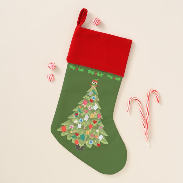 Booklovers santa tree with a wise owl as the angel christmas stocking (Front)