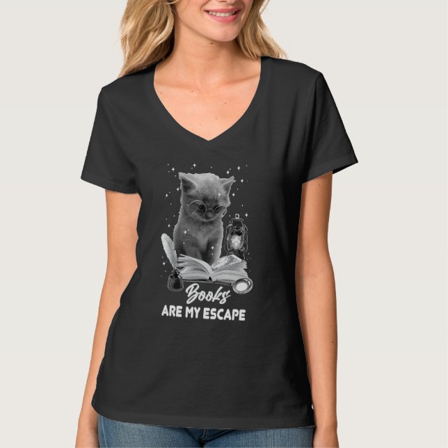 Bookmark Books Are My Escape Cat Reading A Book Lo T-Shirt (Front)