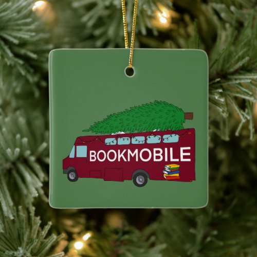 Bookmobile with Christmas Tree on Top Ceramic Ornament