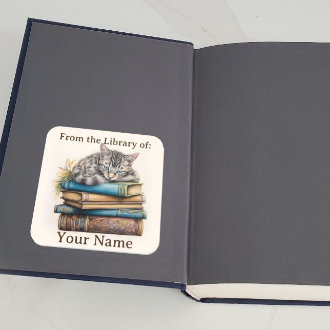 Bookplate with Cat Lying on Books (A cat lying on some books is shown on a bookplate inside book)