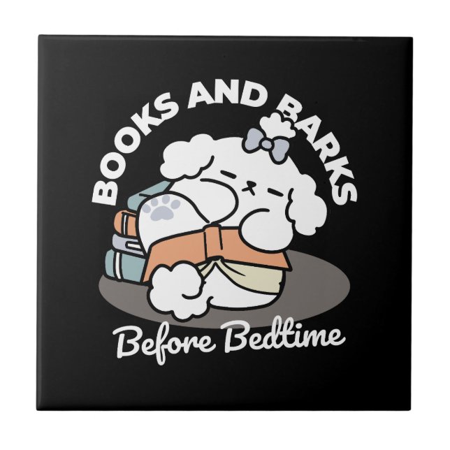 Books and Barks – Cute Sleepy Dog Reading Design Ceramic Tile (Front)