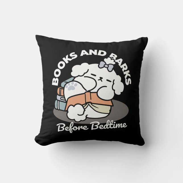 Books and Barks – Cute Sleepy Dog Reading Design Throw Pillow (Front)