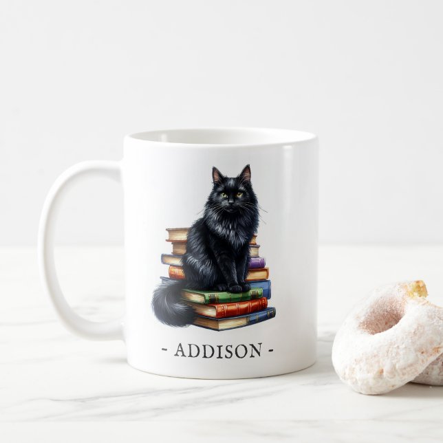 Books and Black Cat Mug with Name Template (With Donut)