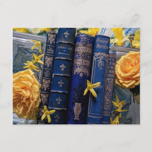 Books and Blossoms Blue  Yellow Postcard
