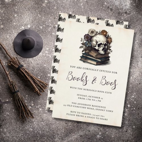 Books and Boos Vintage Skull Books Halloween Party Invitation