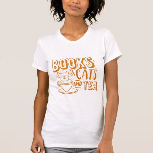 Books and cat and tea funny design t_shirt