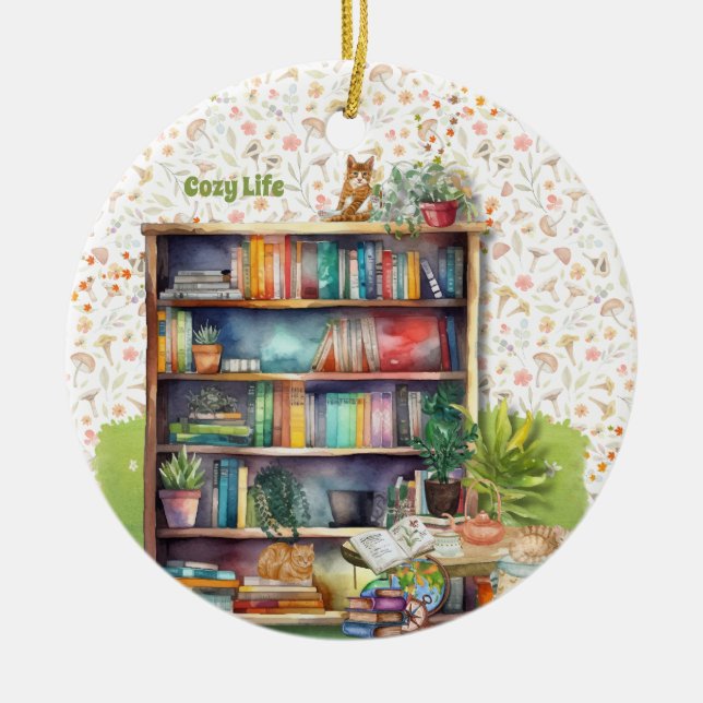Books and Cat Lovers Hygge Birthday Retirement   Ceramic Ornament (Front)