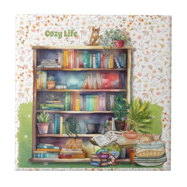 Books and Cat Lovers Hygge Birthday Retirement   Ceramic Tile (Front)