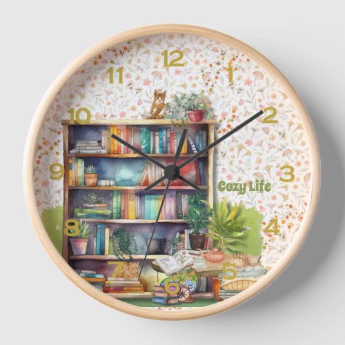 Books and Cat Lovers Hygge Birthday Retirement   Clock