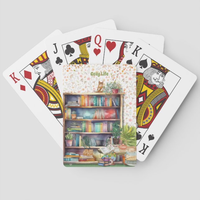 Books and Cat Lovers Hygge Birthday Retirement   Poker Cards (Back)