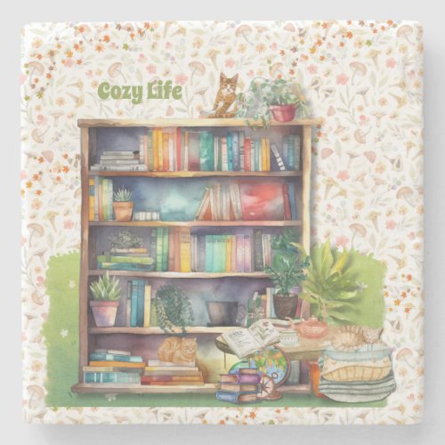 Books and Cat Lovers Hygge Birthday Retirement   Stone Coaster