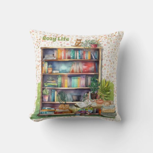 Books and Cat Lovers Hygge Birthday Retirement   Throw Pillow