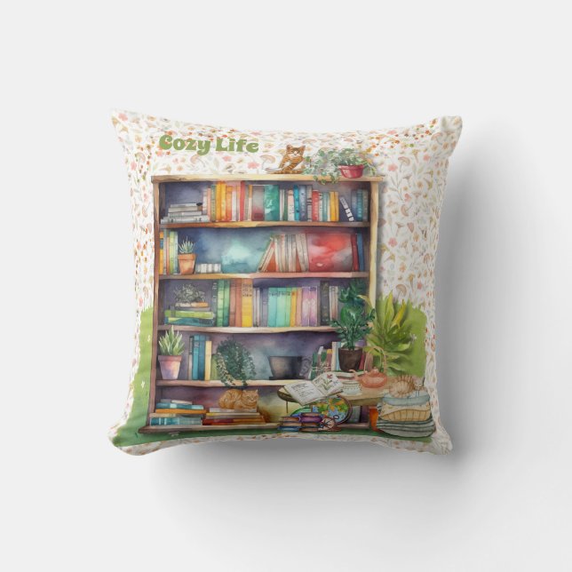 Books and Cat Lovers Hygge Birthday Retirement   Throw Pillow (Front)