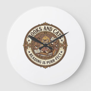 Books And Cats Cat Books Reading Vintage Vector Ar Large Clock
