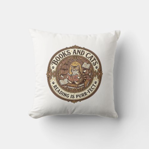Books And Cats Cat Books Reading Vintage Vector Ar Throw Pillow
