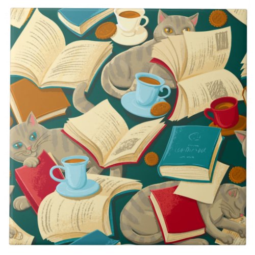 Books and cats ceramic tile