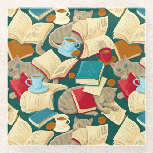 Books and cats glass coaster