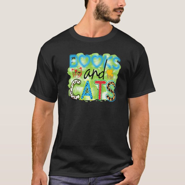 Books And Cats Graphic Patchwork Cat T-Shirt (Front)