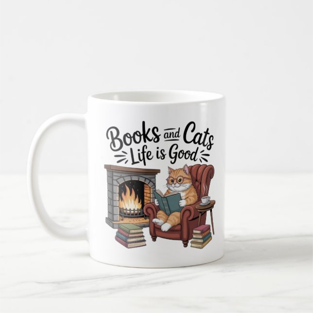 Books And Cats Life Is Good Funny Coffee Mug Cat L (Left)