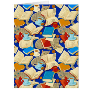 Books and cats on blue cards