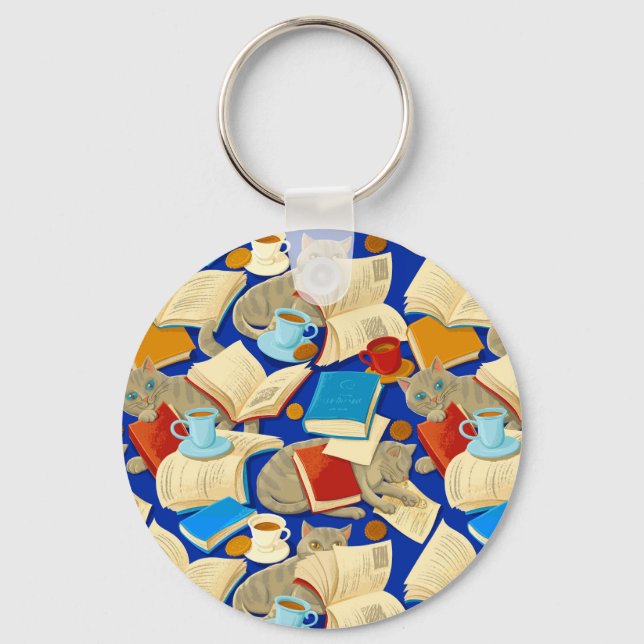 Books and cats on blue keychain (Front)
