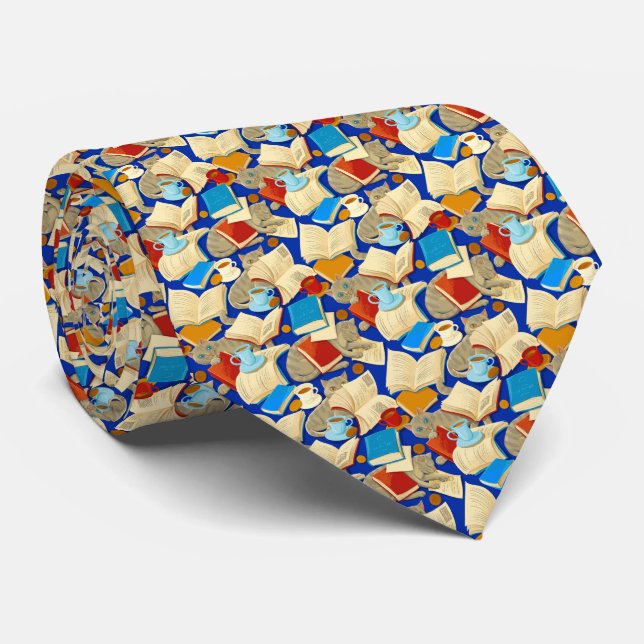 Books and cats on blue neck tie (Rolled)