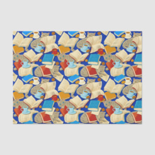 Books and cats on blue tissue paper