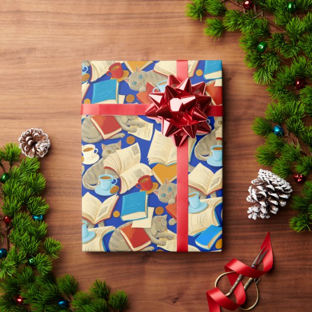 Books and cats on blue wrapping paper (Holiday Gift)