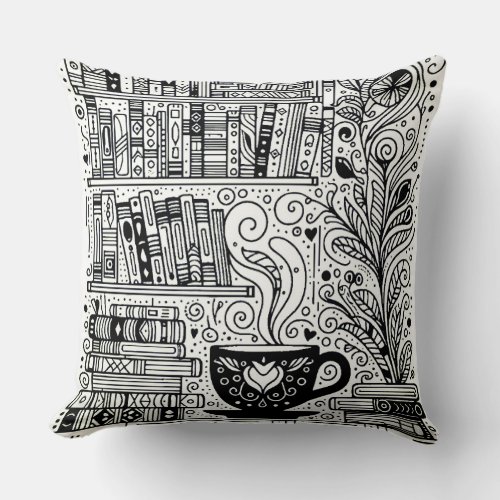Books And Coffee Color Me Doodle 2 Throw Pillow
