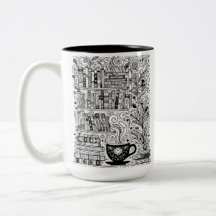 Books And Coffee Color Me Doodle 2 Two-Tone Coffee Mug
