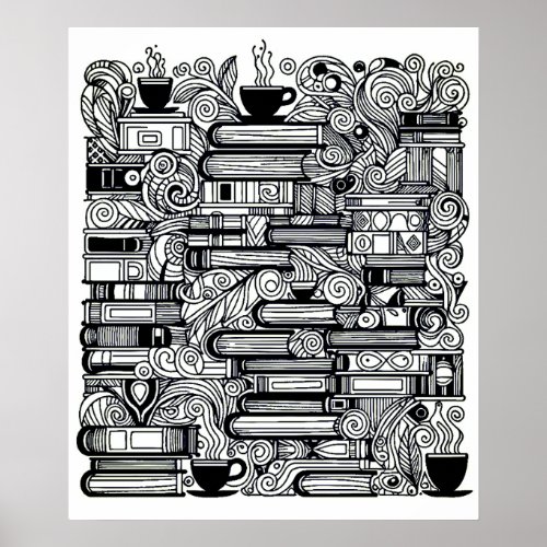 Books And Coffee Color Me Doodle Poster