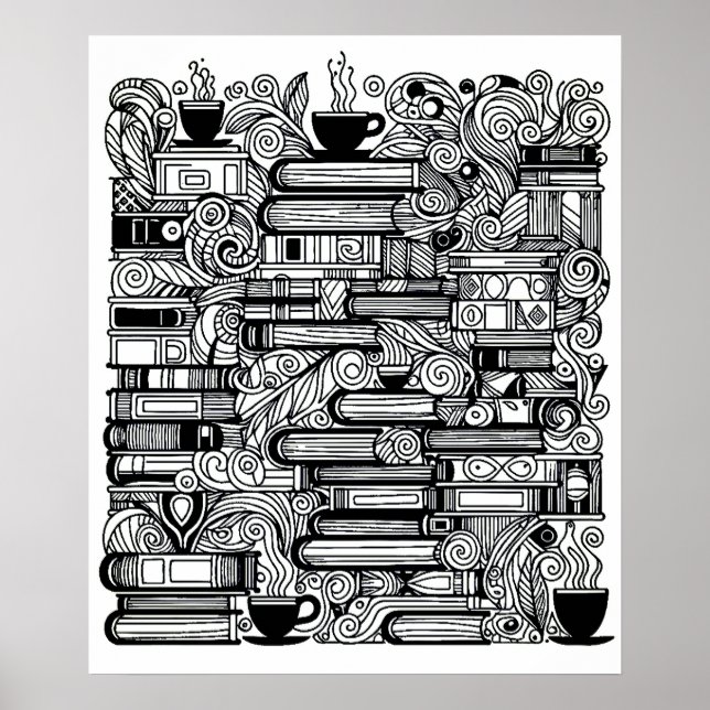 Books And Coffee Color Me Doodle Poster (Front)