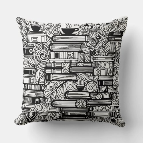Books And Coffee Color Me Doodle   Throw Pillow