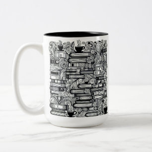 Books And Coffee Color Me Doodle Two-Tone Coffee Mug