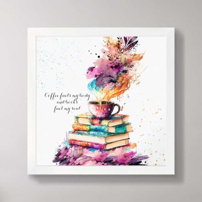 Books and coffee digital wall art. Framed Art (Framed Front)
