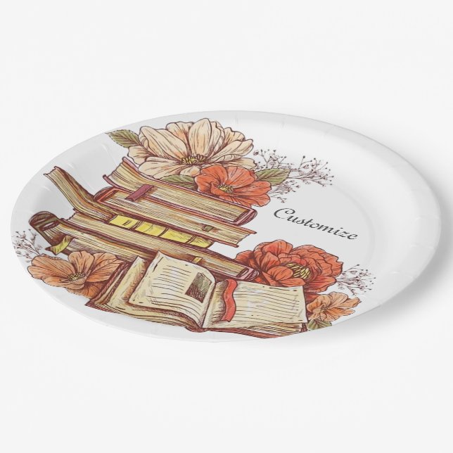 Books And Flowers Round Paper Plates (Angled)