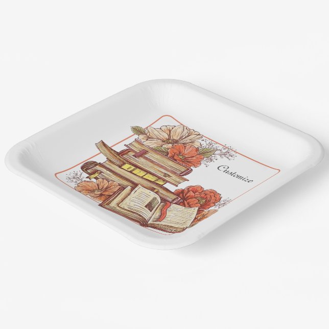 Books And Flowers Square Paper Plates (Angled)