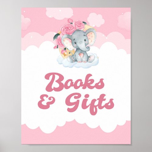 Books and Gift Pink Elephant Girl Baby Shower Sign